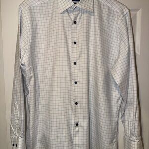 David Donahue Men's White and Blue Checkered Dress Shirt